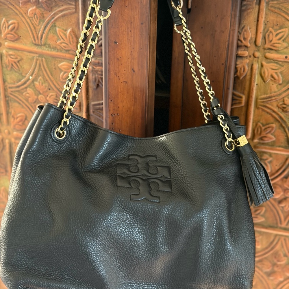 Tory Burch Black Pebbled Leather Slouchy Thea Tote Bag